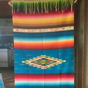 Vintage Mexican Serape Blanket  38”x79” Vibrant Rainbow